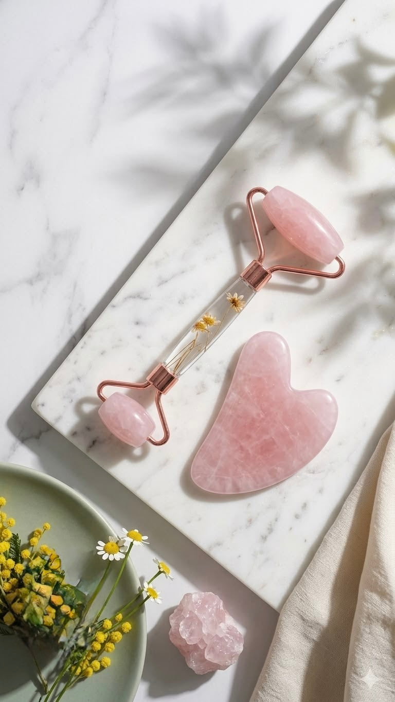 Brila Set Facial — Rodillo + Gua Sha de Cuarzo Rosa